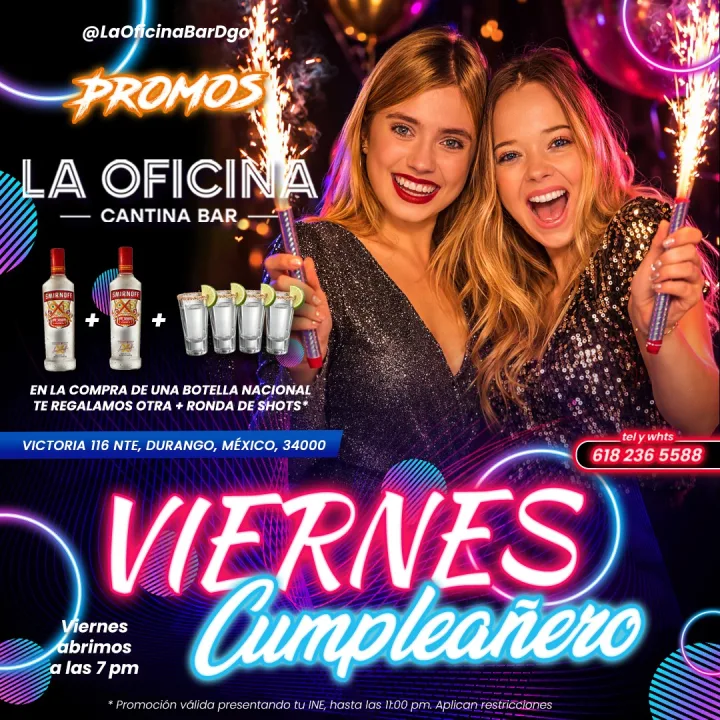 La Oficina Bar Dgo promocion viernes cumpleanero